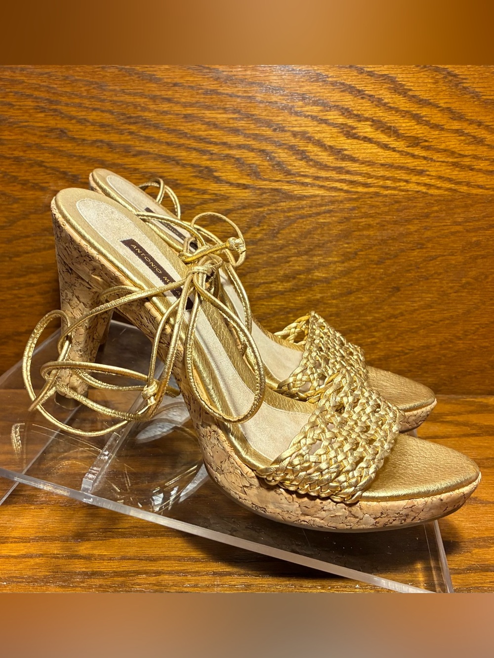 Y2K VTG Antonio Melani Ankle Tie Gold Braided Leather Cork Platform Sandals 7.5